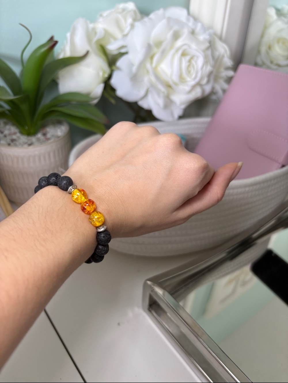 Men's Black Lava Bead Bracelet with Amber Accent Beads
